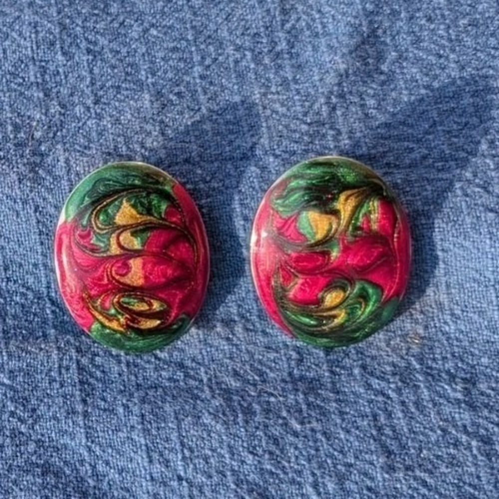 Acrylic Paint Pour Oval Clip on Fashion‎  Earrings Lightweight 1.5" Arty!